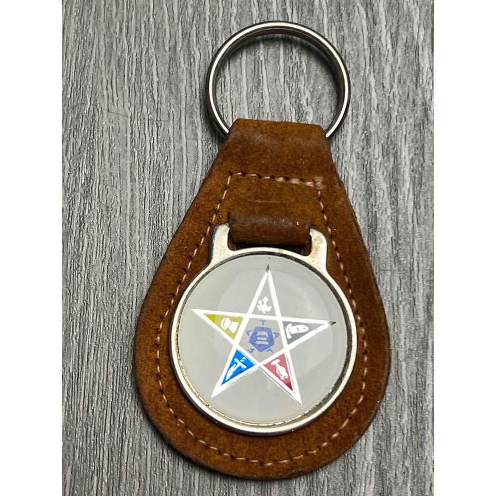 Vintage Order of the Eastern Star‎ OES Brown Suede Leather Teardrop Keychain Fob